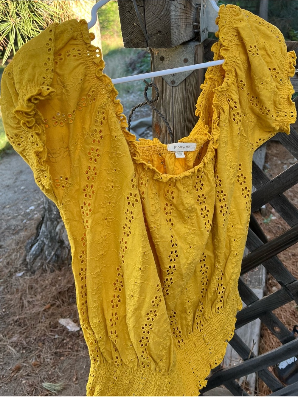 Paper & Tee Women's Mustard Eyelet Ruffle Sleeve Top